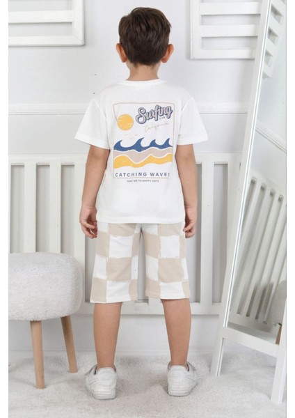 Isob Bej Dalga Desenli %100 Pamuk Erkek Çocuk Kısa Kollu 2ip Şortlu Takım 3-8 Yaş 24413-B fiyatları