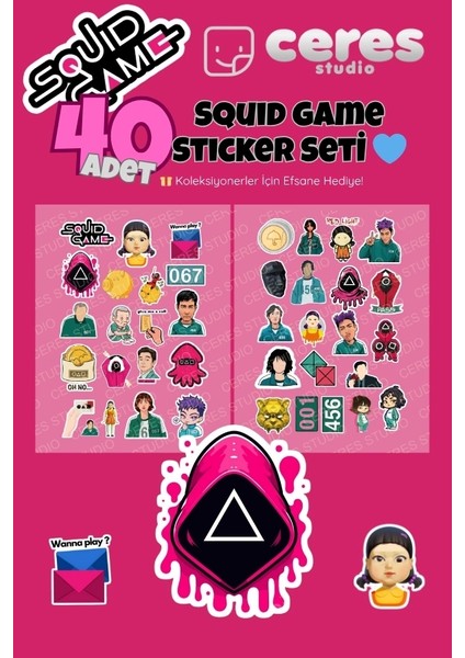 Squid Game Temalı 40’lı Sticker Seti – K-Pop Kore Dizisi Etiketleri – Defter Laptop Süsleme Çıkartmaları