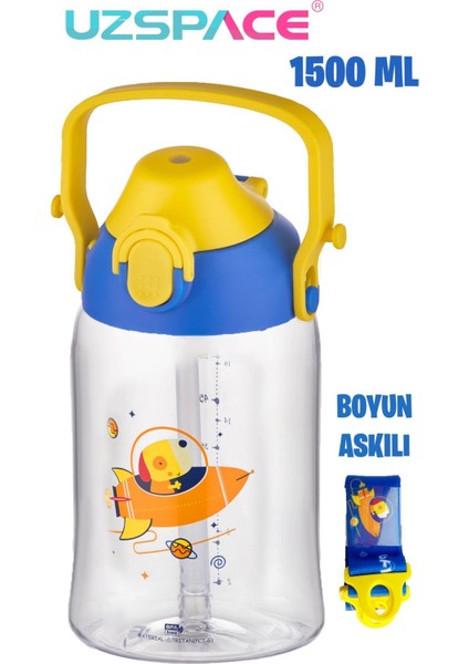 Büyük Boy 1500 ml Tek Kapak Çift Kullanım Pipetli/pipetsiz Askı Aparatlı Tritan Su Matarası