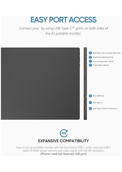 15.6" IPS A1 60Hz Usb-C/mhdmı Taşınabilir Monitör (1920 x 1080)