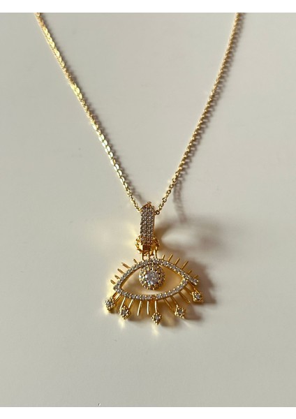 Gold Renk Göz Figürlü Kadın Kolye – Zirkon Taşlı, Paslanmaz Çelik, 48 cm Zincir