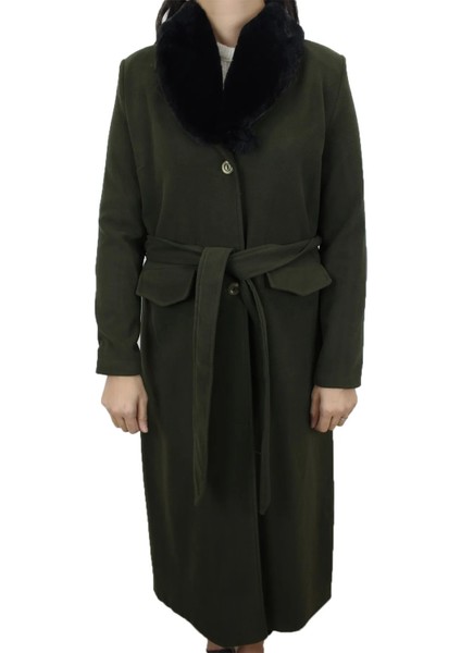 Fistan Store Bayan Yakası Kürklü Dar Kesim Uzun Kışlık Kaşe Kaban