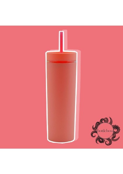 Çift Katmanlı Pipetli Sızdırmaz Kapak Bardak Matara 480 ml Pembe