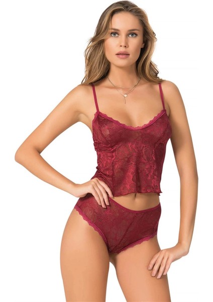 Bordo Jakarlı Babydoll Şort Takımı