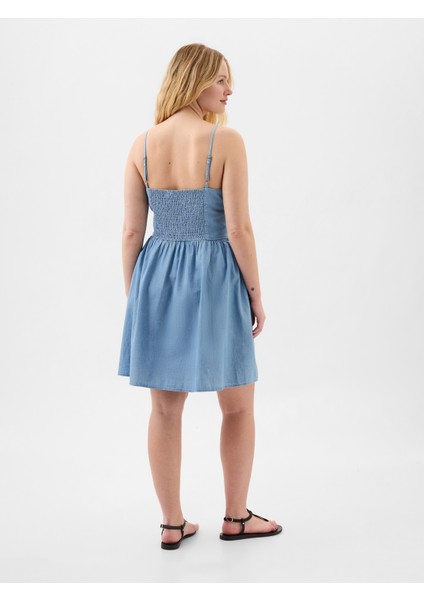 Kadın Mavi Kare Yaka Denim Mini Elbise fırsatları