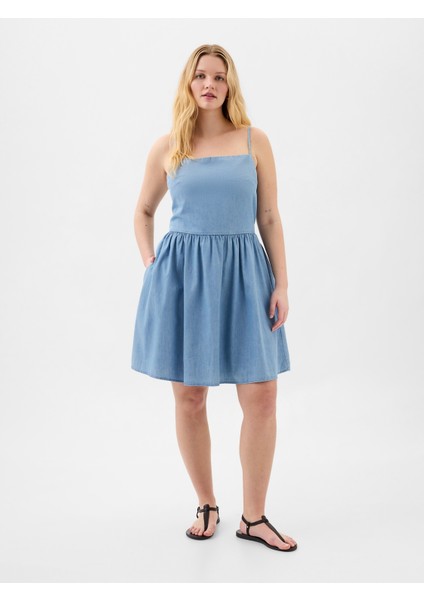 Kadın Mavi Kare Yaka Denim Mini Elbise indirimleri