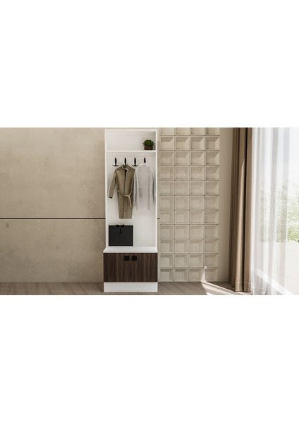 Salamon Çok Amaçlı Vestiyer – Ayakkabılıklı Portmanto Askılık | 60X190 cm Beyaz Ceviz SL5600