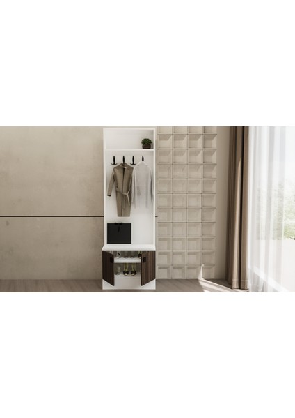 Salamon Çok Amaçlı Vestiyer – Ayakkabılıklı Portmanto Askılık | 60X190 cm Beyaz Ceviz SL5600