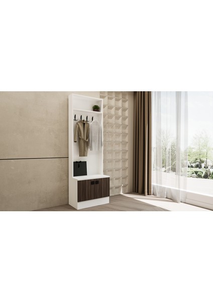 Salamon Çok Amaçlı Vestiyer – Ayakkabılıklı Portmanto Askılık | 60X190 cm Beyaz Ceviz SL5600
