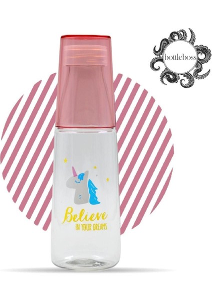 Renkli Bardaklı Desenli Sızdırmaz Kapaklı Su Şişesi Matara 600 ml Pembe