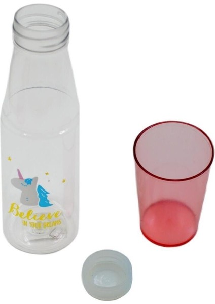 Renkli Bardaklı Desenli Sızdırmaz Kapaklı Su Şişesi Matara 600 ml Pembe modelleri