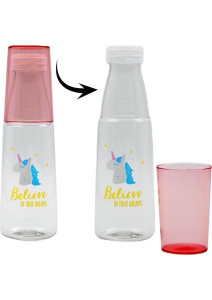 Renkli Bardaklı Desenli Sızdırmaz Kapaklı Su Şişesi Matara 600 ml Pembe indirimleri