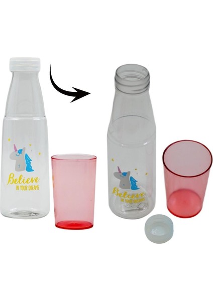 Renkli Bardaklı Desenli Sızdırmaz Kapaklı Su Şişesi Matara 600 ml Pembe