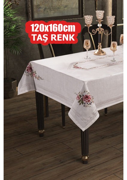 Kanaviçe Desenli Taş Renk Masa Örtüsü 160X220 cm
