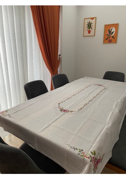 Kanaviçe Desenli Taş Renk Masa Örtüsü 160X220 cm