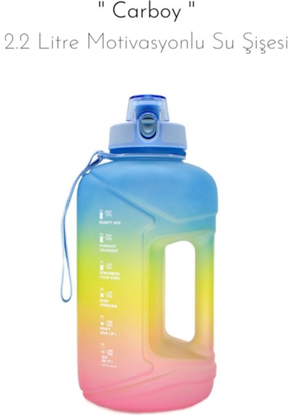 Carboy - 2.2 Litre Motivasyonlu Su Şişesi Mavi-Sarı-Pembe