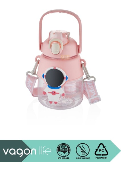 1250ML Büyük Boy Uzay Temalı Askılı ve Kulplu Silikon Pipetli Polikarbon Su Matarası