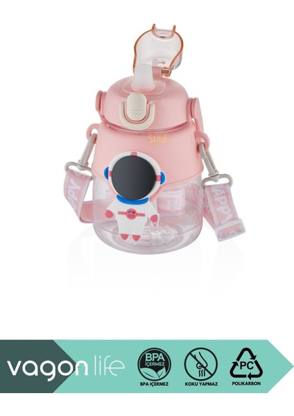 1250ML Büyük Boy Uzay Temalı Askılı ve Kulplu Silikon Pipetli Polikarbon Su Matarası