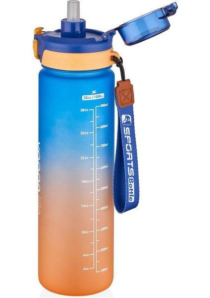 1000ML Çift Renk Pipetli ve Pipetsiz Kullanıma Uygun Motivasyon Matarası Sticker Hediyeli
