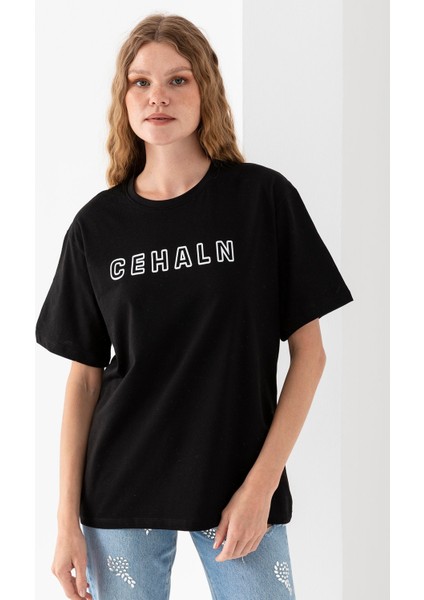 Kadın Bisiklet Yaka Baskılı Pamuklu T-Shirt Siyah - 925015