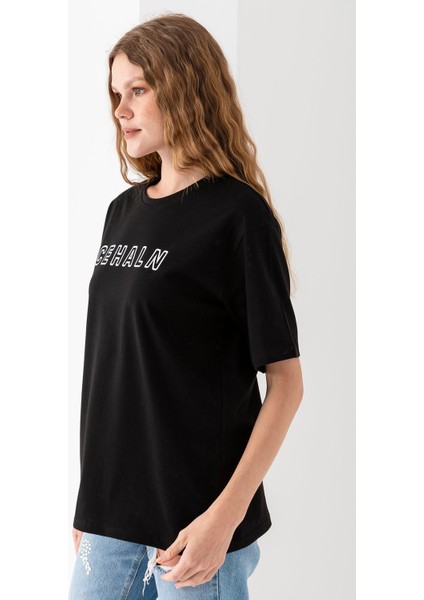 Kadın Bisiklet Yaka Baskılı Pamuklu T-Shirt Siyah - 925015 fiyatları
