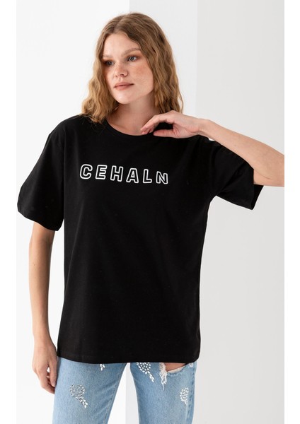 Kadın Bisiklet Yaka Baskılı Pamuklu T-Shirt Siyah - 925015 modelleri