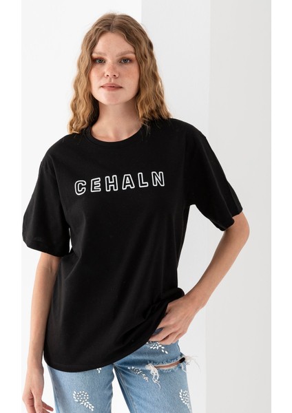 Kadın Bisiklet Yaka Baskılı Pamuklu T-Shirt Siyah - 925015 fırsatları
