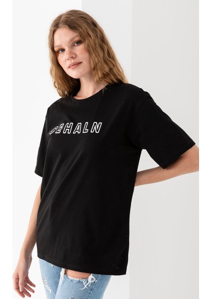Kadın Bisiklet Yaka Baskılı Pamuklu T-Shirt Siyah - 925015 indirimleri