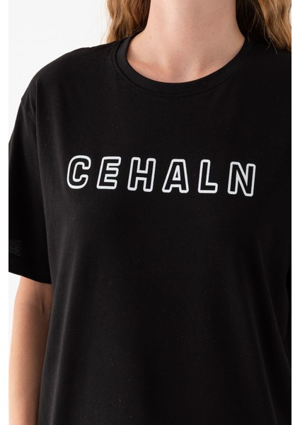 Kadın Bisiklet Yaka Baskılı Pamuklu T-Shirt Siyah - 925015