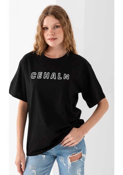 Kadın Bisiklet Yaka Baskılı Pamuklu T-Shirt Siyah - 925015