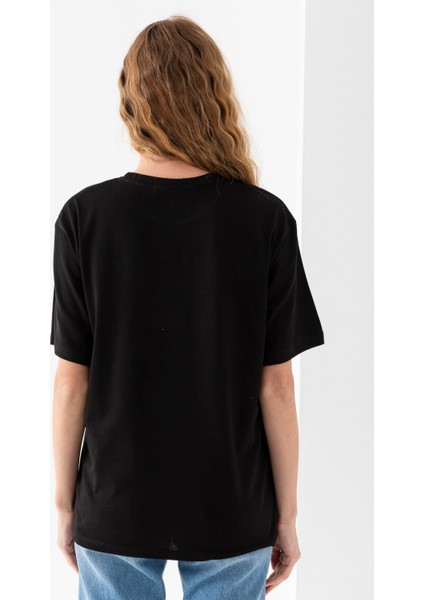 Kadın Bisiklet Yaka Baskılı Pamuklu T-Shirt Siyah - 925015