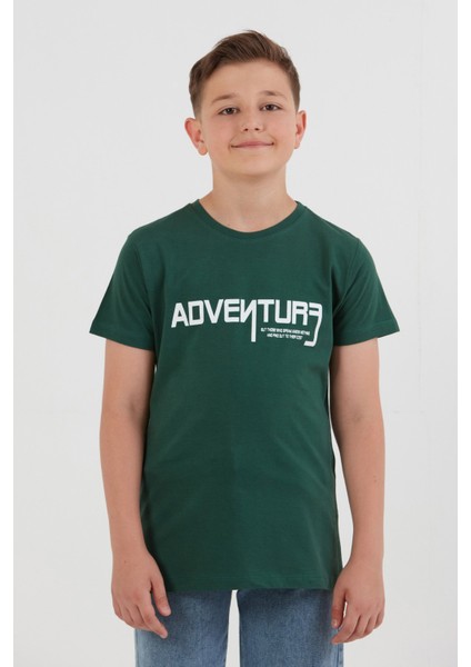 %100 Pamuk Adventure Yazı Baskılı Erkek Çocuk Tişört