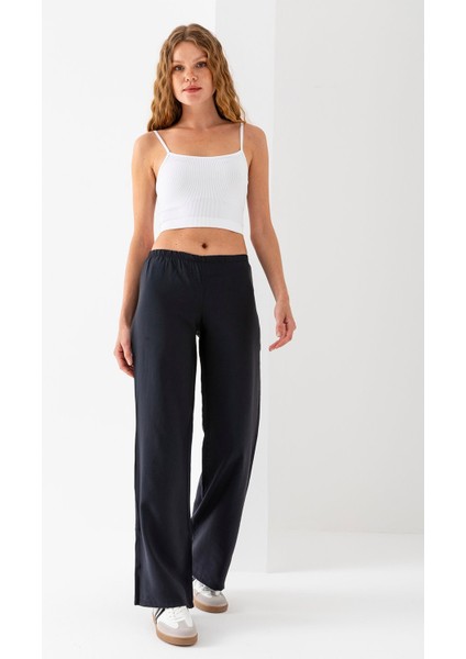 Kadın Beli Lastikli Bol Paça Modal Kumaş Pantolon Siyah - MS0000680