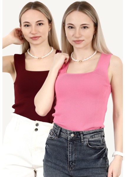 Kadın 2`li Kare Yaka Kalın Askılı Triko Bluz Bordo Pembe - 2000