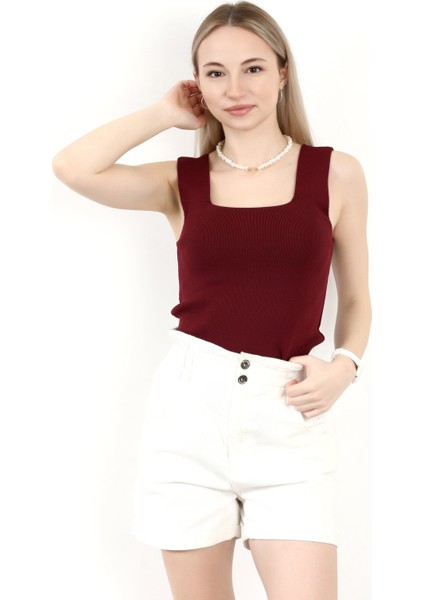 Kadın 2`li Kare Yaka Kalın Askılı Triko Bluz Bordo Pembe - 2000 modelleri