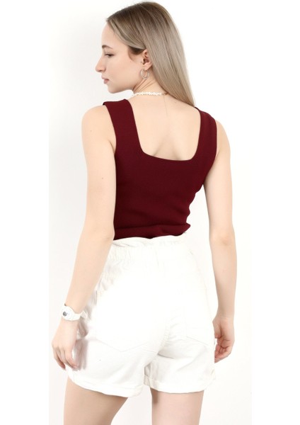 Kadın 2`li Kare Yaka Kalın Askılı Triko Bluz Bordo Pembe - 2000 fırsatları