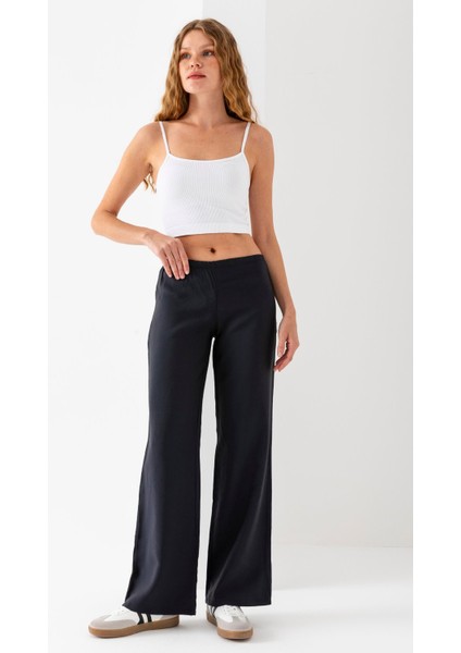 Kadın Beli Lastikli Bol Paça Modal Kumaş Pantolon Siyah - MS0000680