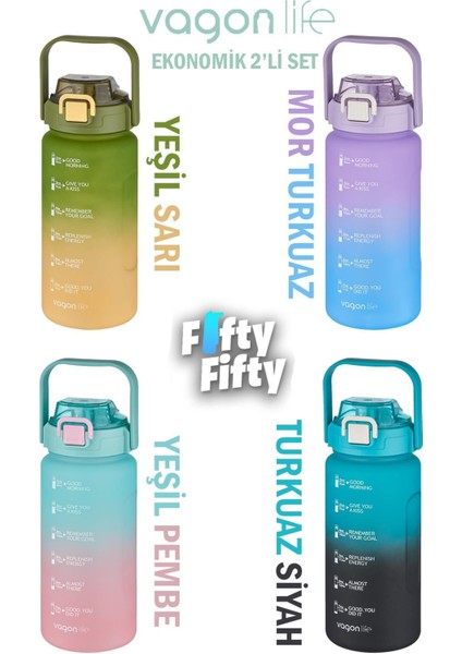 2'li Ekonomik Motivasyon Matara Seti 1500 ml Büyük Boy 4 Farklı Renk Seçeneği Fiftyfifty