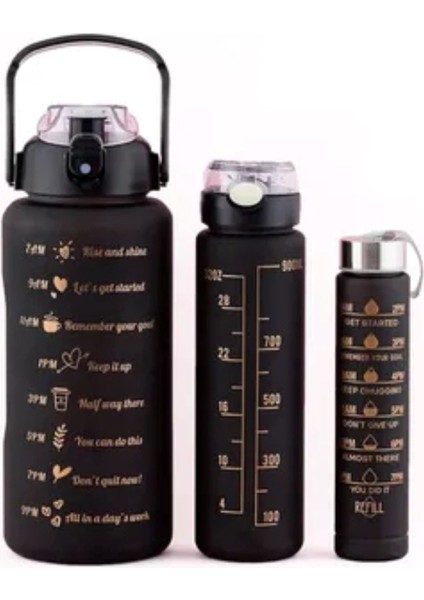 Matara / Suluk / Motivasyonel Matara / Spor Matarası 2 Litre 900 ml 500 ml / Siyah