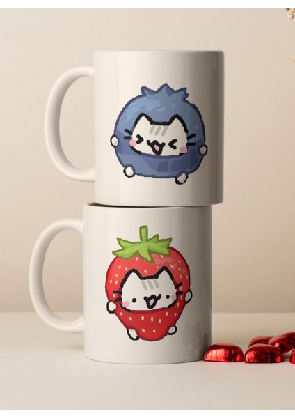 Kupa Bardak - 2'li Yaban Mersini Kedi ve Çilek Kedi Desenli Sevgili Kupa Bardak - Hediyelik Kupa Bardak fırsatları