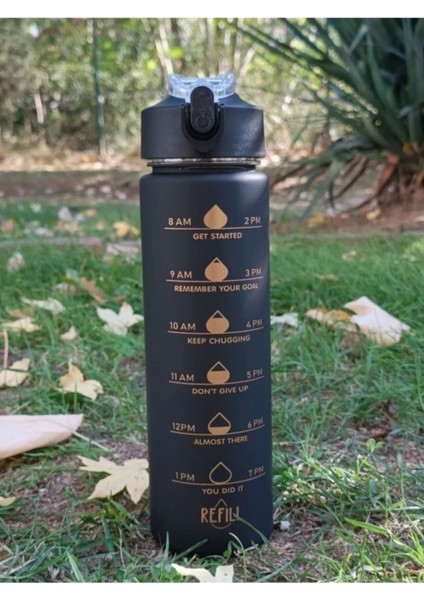Motivasyonel Su Matarası Suluk 900 ml Pipetli Su Matarası (Siyah )