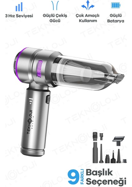 Mini Araç Süpürgesi El Tipi Portatif 15.000 Pa Extra Vakum Güçlü ve Üflemeli 3 Kademeli