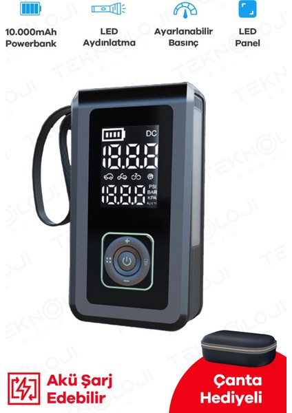 Taşınabilir Araç Pompası 10.000MAH Akü Şarj Eden Otokompresör Elfeneri Powerbank Çanta Hediye 3in1