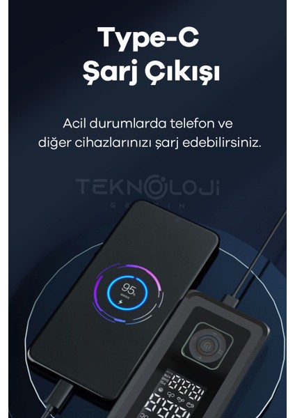 Taşınabilir Araç Pompası 10.000MAH Akü Şarj Eden Otokompresör Elfeneri Powerbank Çanta Hediye 3in1