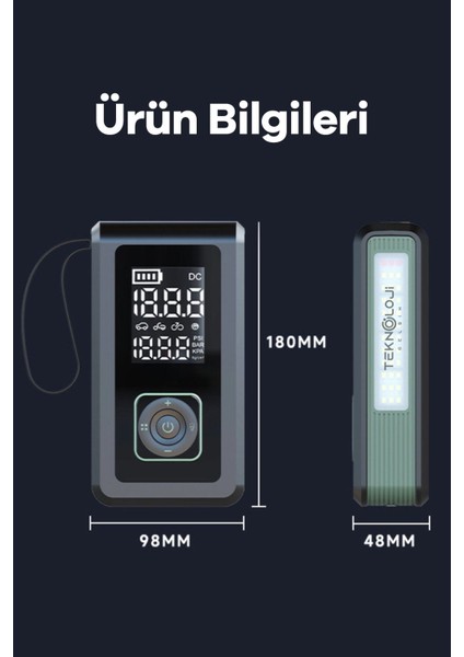 Taşınabilir Araç Pompası 10.000MAH Akü Şarj Eden Otokompresör Elfeneri Powerbank Çanta Hediye 3in1