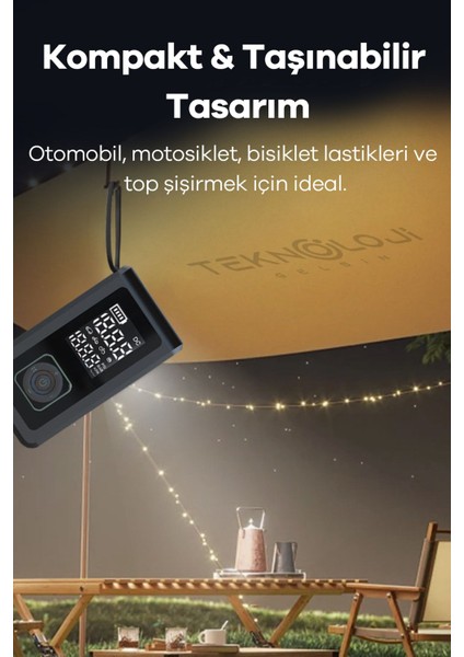 Taşınabilir Araç Pompası 10.000MAH Akü Şarj Eden Otokompresör Elfeneri Powerbank Çanta Hediye 3in1