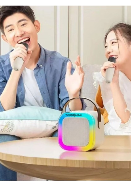 Çift Karaoke Mikrofonlu Kablosuz Bluetooth Hoparlör 5 Ses Efektli Rgb Hd Stereo Ses Usb/sd/fm