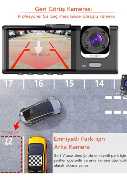 1080P Dash Cam Full Hd Araç Içi Kamera Ön Arka ve Iç Kayıt 3 Kamera Gece Görüşlü G Sensör Geniş Açı fiyatları