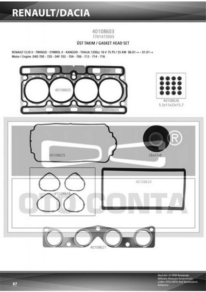 Üst Takim Conta (Keceli) Clio Ii-Twng 1.2 16V (D4D 700/720-D4F 702/704) Dpmah
