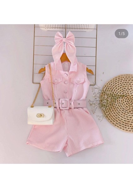 Kız Çocuk Şık Yazlık Tulum I Pembe Çizgili, Kemerli ve Aksesuarlarıyla I Kız Çocuk Takım modelleri